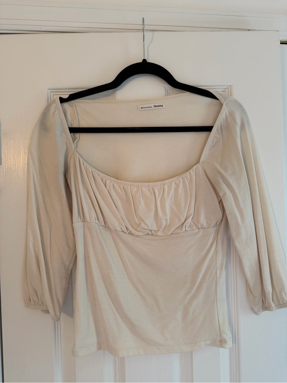 Reformation Cream Scoop-Neck Gathered Long Sleeve Top